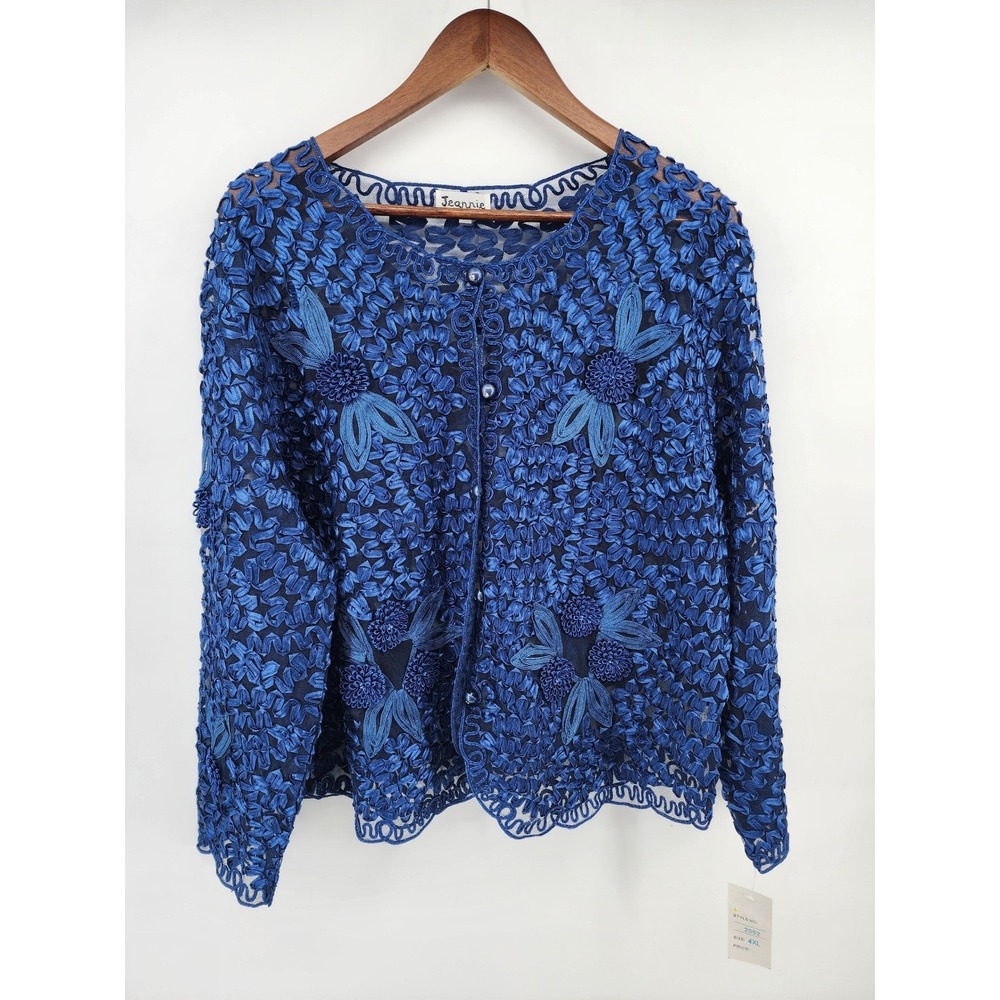 Jeannie Royal Blue Ribbon Work Floral Mesh Cardigan Top 2XL‎ NWT